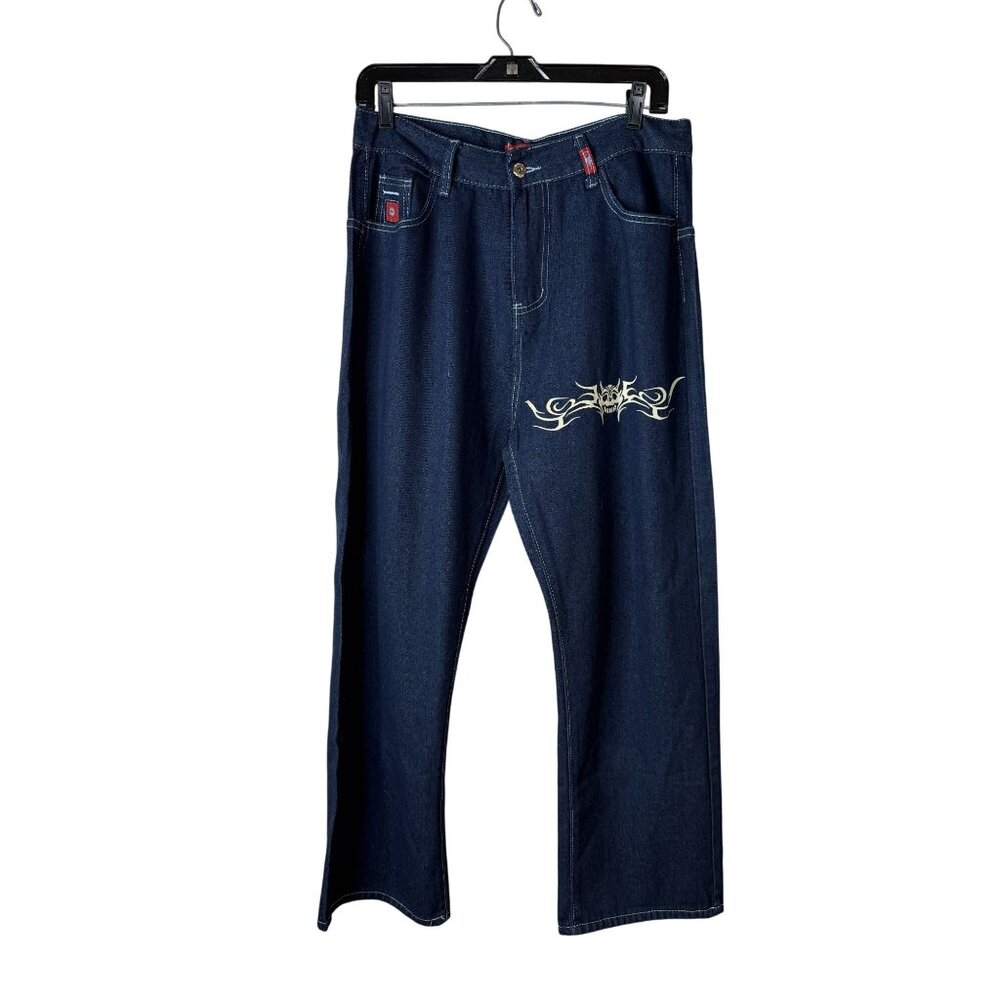 JNCO Men’s Dark Wash Denim Jeans XL Size 3 — Tribal Skull Graphic Y2K Streetwear